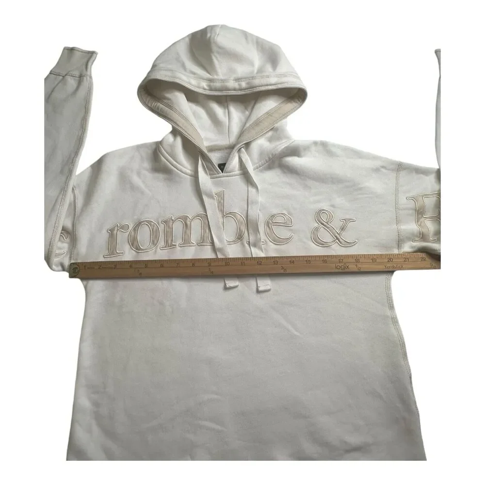 Abercrombie and Fitch Cream Cropped Hoodie XS Embroidered‎ Logo Pullover